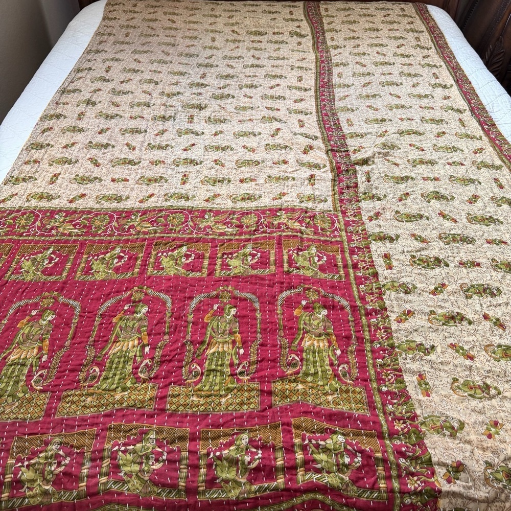 Vintage Kantha Quilt Throw Blanket 54” x 86” | Double Sided | Soft Cotton - Picture 6 of 10